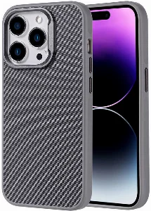 Apple iPhone 14 Pro Max (6.7) Kılıf Magsafe Şarj Özellikli Karbon Fiber Görünümlü Zore Troy Kapak - Gümüş