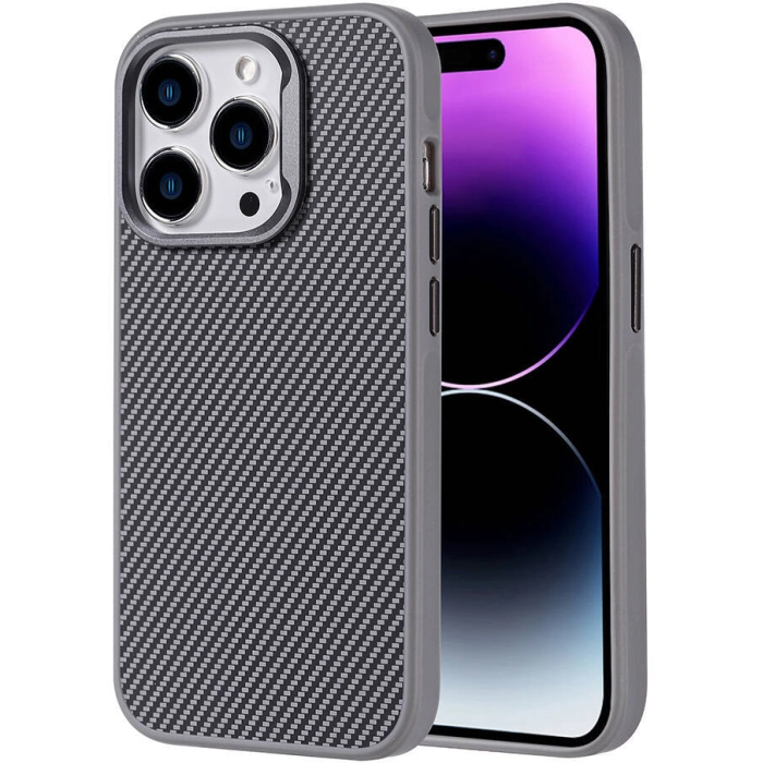 Apple iPhone 14 Pro Max (6.7) Kılıf Magsafe Şarj Özellikli Karbon Fiber Görünümlü Zore Troy Kapak - Gümüş