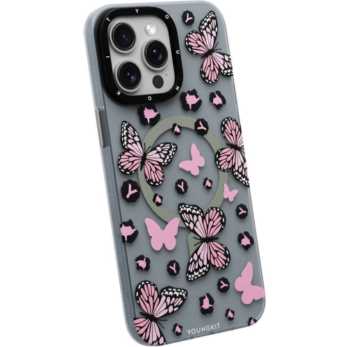 Apple iPhone 14 Pro Max (6.7) Kılıf Magsafe Şarj Özellikli Kelebek Desenli Youngkit Shadow Dance Serisi Kapak - Pembe