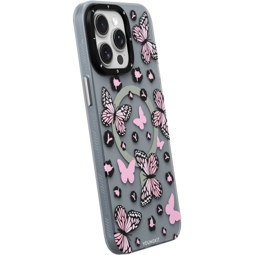 Apple iPhone 14 Pro Max (6.7) Kılıf Magsafe Şarj Özellikli Kelebek Desenli Youngkit Shadow Dance Serisi Kapak - Pembe