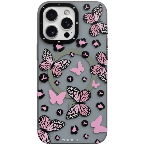 Apple iPhone 14 Pro Max (6.7) Kılıf Magsafe Şarj Özellikli Kelebek Desenli Youngkit Shadow Dance Serisi Kapak - Pembe