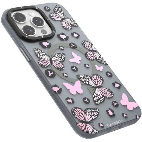 Apple iPhone 14 Pro Max (6.7) Kılıf Magsafe Şarj Özellikli Kelebek Desenli Youngkit Shadow Dance Serisi Kapak - Siyah