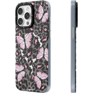 Apple iPhone 14 Pro Max (6.7) Kılıf Magsafe Şarj Özellikli Kelebek Desenli Youngkit Shadow Dance Serisi Kapak - Gri