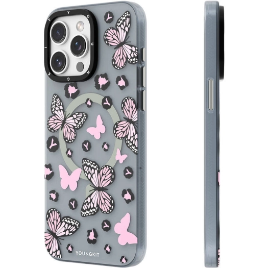 Apple iPhone 14 Pro Max (6.7) Kılıf Magsafe Şarj Özellikli Kelebek Desenli Youngkit Shadow Dance Serisi Kapak - Pembe