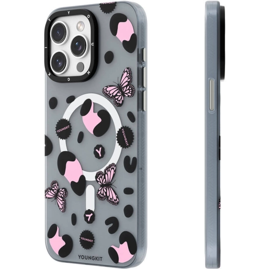 Apple iPhone 14 Pro Max (6.7) Kılıf Magsafe Şarj Özellikli Kelebek Desenli Youngkit Shadow Dance Serisi Kapak - Siyah