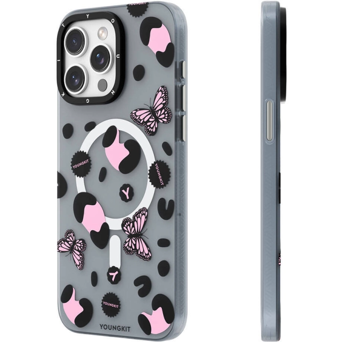 Apple iPhone 14 Pro Max (6.7) Kılıf Magsafe Şarj Özellikli Kelebek Desenli Youngkit Shadow Dance Serisi Kapak - Siyah