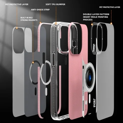 Apple iPhone 14 Pro Max Kılıf Magsafe Şarj Özellikli Lens Figürlü YoungKit Art Film Serisi Kapak - Pembe