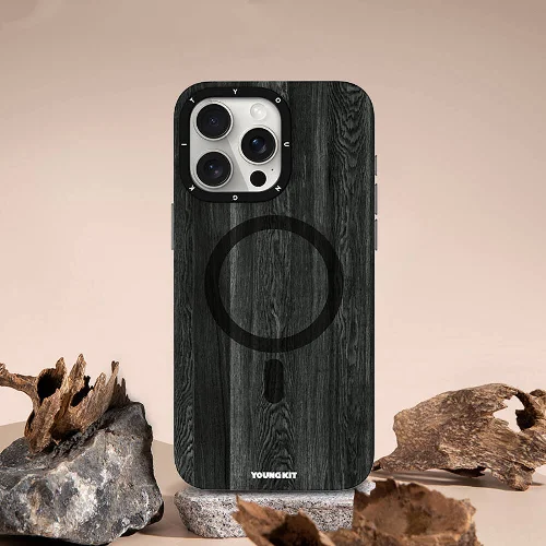 Apple iPhone 14 Pro Max (6.7) Kılıf Magsafe Şarj Özellikli Sararmaya Dayanıklı Youngkit Wood Forest Serisi Kapak - Gri