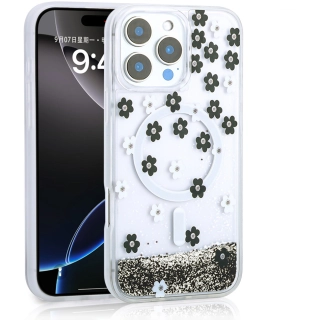 Apple iPhone 14 Pro Max (6.7) Kılıf Sıvılı Simli Baskılı Şeffaf Arka Yüzey Zore Mossa Silikon Kapak - Siyah