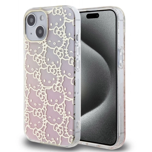 Apple iPhone 15 (6.1) Kılıf Hello Kitty Orjinal Lisanslı Renk Geçişli Elektroplating Kaplama Kitty Head Desenli Kapak - Pembe