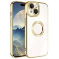 Apple iPhone 15 (6.1) Kılıf Kamera Lens Korumalı Şeffaf Renkli Logo Gösteren Parlak Kapak - Gold