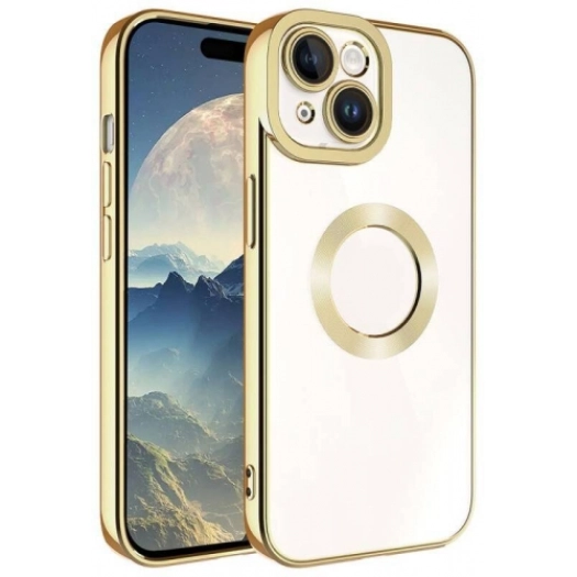 Apple iPhone 15 (6.1) Kılıf Kamera Lens Korumalı Şeffaf Renkli Logo Gösteren Parlak Kapak - Gold