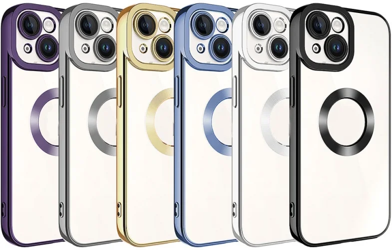 Apple iPhone 15 (6.1) Kılıf Kamera Korumalı Silikon Logo Açık Omega Kapak - Gold
