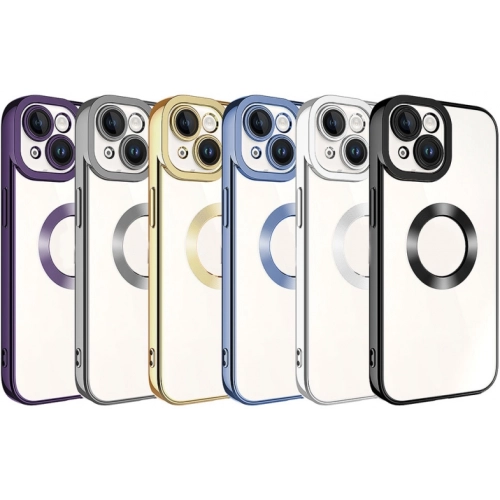 Apple iPhone 15 (6.1) Kılıf Kamera Lens Korumalı Şeffaf Renkli Logo Gösteren Parlak Kapak - Koyu Mor