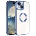 Apple iPhone 15 (6.1) Kılıf Kamera Lens Korumalı Şeffaf Renkli Logo Gösteren Parlak Kapak - Mavi