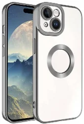 Apple iPhone 15 (6.1) Kılıf Kamera Korumalı Silikon Logo Açık Omega Kapak - Füme