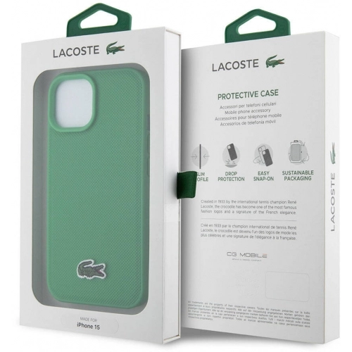 Apple iPhone 15 (6.1) Kılıf Lacoste Orjinal Lisanslı PU Pike Desenli Arka Yüzey İkonik Timsah Dokuma Logolu Kapak - Yeşil
