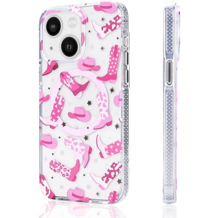 Apple iPhone 15 (6.1) Kılıf Magsafe Kablosuz Şarj Özellikli Desenli Silikon TPU+PC Stilo Kapak - Pembe