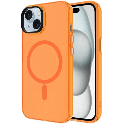 Apple iPhone 15 (6.1) Kılıf Magsafe Şarj Özellikli Buzlu Transparan C-Pro Sert Kapak - Turuncu