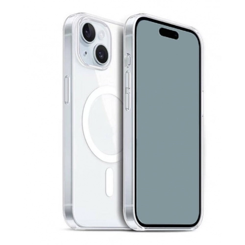 Apple iPhone 15 (6.1) Kılıf Magsafe Şarj Özellikli Şeffaf Sert PC Embos Kapak - Şeffaf