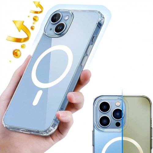 Apple iPhone 15 (6.1) Kılıf Magsafe Şarj Özellikli Şeffaf Sert PC Embos Kapak - Şeffaf