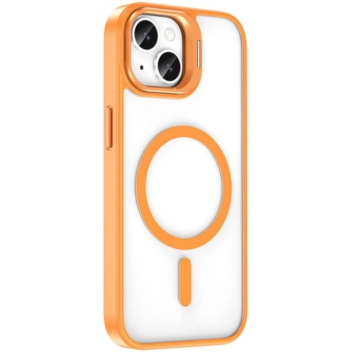 Apple iPhone 15 (6.1) Kılıf Magsafe Wireless Şarj Özellikli Standlı Magsafe Klon Lensli Kapak - Turuncu