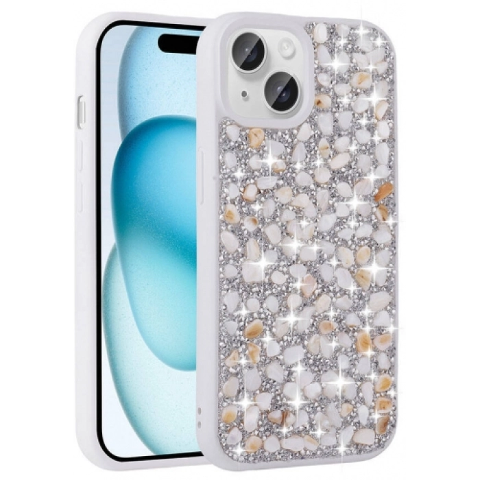 Apple iPhone 15 (6.1) Kılıf Parlak Taşlı Tasarım Zore Linea Kapak - Beyaz