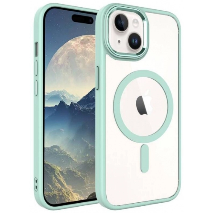 Apple iPhone 15 (6.1) Kılıf Wireless Şarj Özellikli Zore Krom Magsafe Silikon Kapak - Yeşil