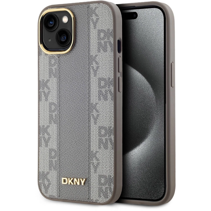 Apple iPhone 15 (6.1) Kılıf DKNY Orjinal Lisanslı MagSafe Şarj Özellikli 3D Yazılı Checkered Pattern Kapak - Krem