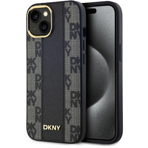 Apple iPhone 15 (6.1) Kılıf DKNY Orjinal Lisanslı MagSafe Şarj Özellikli 3D Yazılı Checkered Pattern Kapak - Siyah
