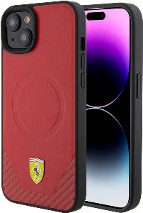 Apple iPhone 15 (6.1) Kılıf Ferrari Orjinal Lisanslı Magsafe Şarj Özellikli Metal Logolu PU Karbon Kapak - Kırmızı