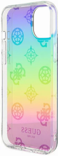 Apple iPhone 15 Kılıf Guess Orjinal Lisanslı Desenli Yazı Logolu Askı İpli Holografik Glitter Peony Kapak - Turkuaz