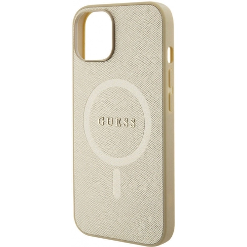Apple iPhone 15 Kılıf Guess Orjinal Lisanslı Magsafe Şarj Özellikli Yazı Logolu Saffiano Kapak - Krem