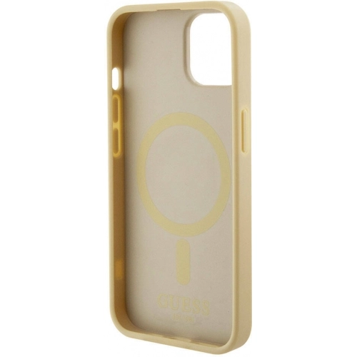 Apple iPhone 15 Kılıf Guess Orjinal Lisanslı Magsafe Şarj Özellikli Yazı Logolu Saffiano Kapak - Krem