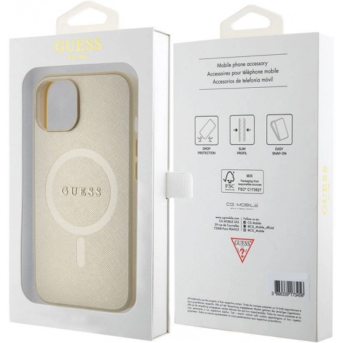 Apple iPhone 15 Kılıf Guess Orjinal Lisanslı Magsafe Şarj Özellikli Yazı Logolu Saffiano Kapak - Krem