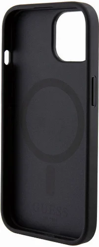 Apple iPhone 15 Kılıf Guess Orjinal Lisanslı Magsafe Şarj Özellikli Yazı Logolu Saffiano Kapak - Siyah
