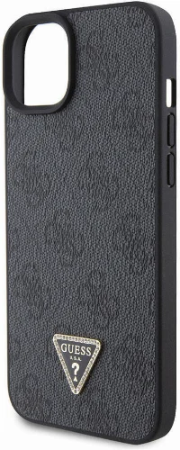 Apple iPhone 15 Kılıf Guess Orjinal Lisanslı PU Deri Askılı Taşlı Üçgen Logo 4G Desenli Strass Crossbody Kapak - Siyah