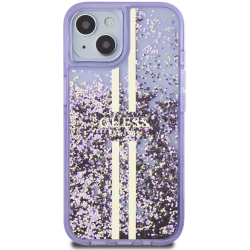 Apple iPhone 15 (6.1) Kılıf Guess Orjinal Lisanslı Transparan Sıvılı Simli Altın Çizgili Kapak - Mor