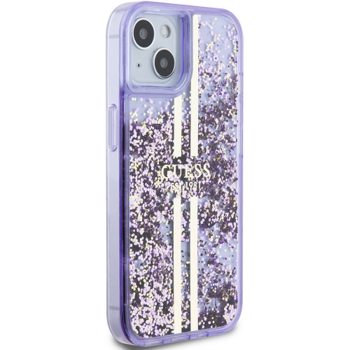 Apple iPhone 15 (6.1) Kılıf Guess Orjinal Lisanslı Transparan Sıvılı Simli Altın Çizgili Kapak - Mor