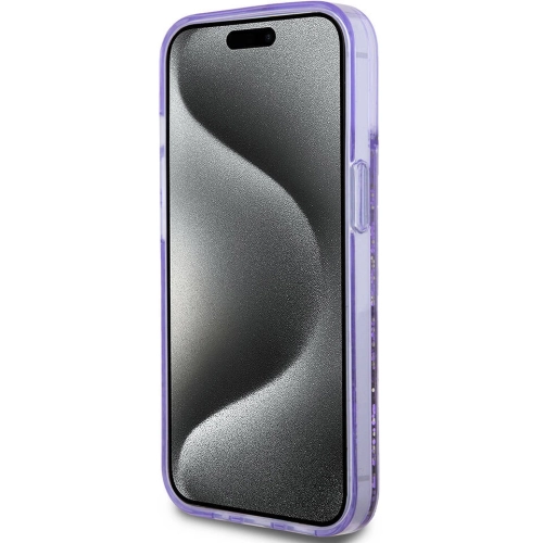 Apple iPhone 15 (6.1) Kılıf Guess Orjinal Lisanslı Transparan Sıvılı Simli Altın Çizgili Kapak - Mor