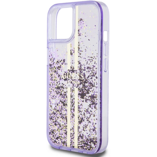 Apple iPhone 15 (6.1) Kılıf Guess Orjinal Lisanslı Transparan Sıvılı Simli Altın Çizgili Kapak - Mor