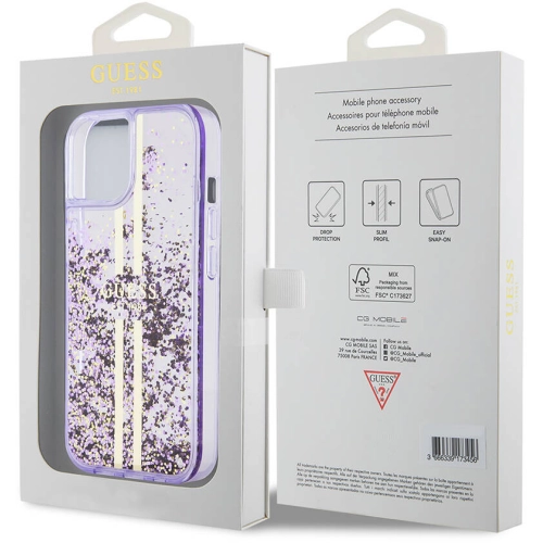 Apple iPhone 15 (6.1) Kılıf Guess Orjinal Lisanslı Transparan Sıvılı Simli Altın Çizgili Kapak - Mor