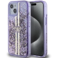 Apple iPhone 15 (6.1) Kılıf Guess Orjinal Lisanslı Transparan Sıvılı Simli Altın Çizgili Kapak - Mor