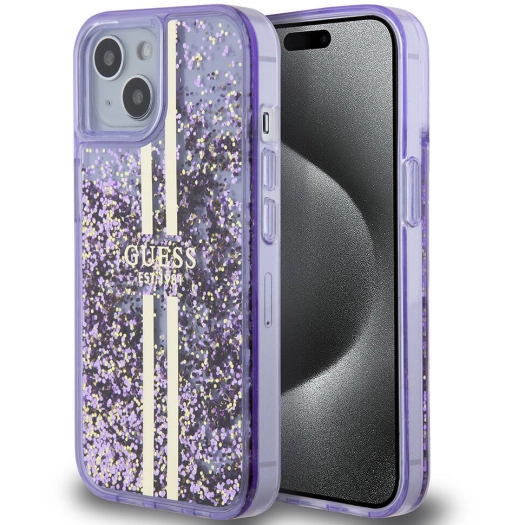 Apple iPhone 15 (6.1) Kılıf Guess Orjinal Lisanslı Transparan Sıvılı Simli Altın Çizgili Kapak - Mor