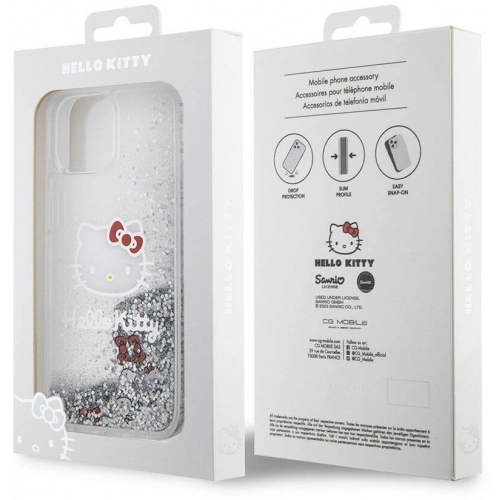 Apple iPhone 15 Kılıf Hello Kitty Orjinal Lisanslı İkonik Sıvılı Glitter Kapak - Şeffaf