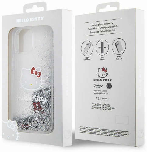 Apple iPhone 15 (6.1) Kılıf Hello Kitty Orjinal Lisanslı İkonik Sıvılı Glitter Kapak - Şeffaf