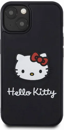 Apple iPhone 15 (6.1) Kılıf Hello Kitty Orjinal Lisanslı Yazı ve İkonik Logolu 3D Rubber Kitty Head Kapak - Siyah