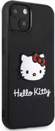 Apple iPhone 15 (6.1) Kılıf Hello Kitty Orjinal Lisanslı Yazı ve İkonik Logolu 3D Rubber Kitty Head Kapak - Siyah