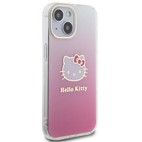 Apple iPhone 15 (6.1) Kılıf Hello Kitty Orjinal Lisanslı Yazı ve İkonik Logolu Elektroplating Kaplama Gradyan Kapak - Pembe