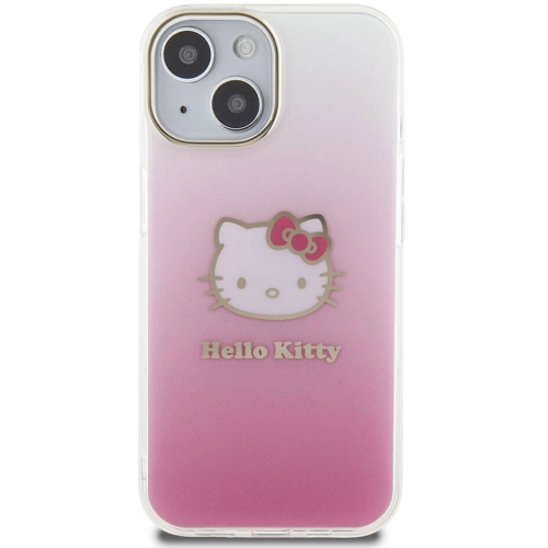 Apple iPhone 15 (6.1) Kılıf Hello Kitty Orjinal Lisanslı Yazı ve İkonik Logolu Elektroplating Kaplama Gradyan Kapak - Pembe